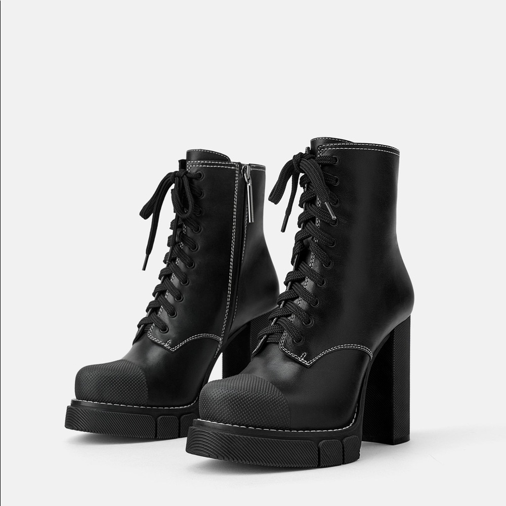 Zara Leather High Heel Ankle Boots Lug Soles Black - Picture 2 of 10